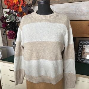 American Eagle Outfitters Cream and Tan Crew Neck Sweater